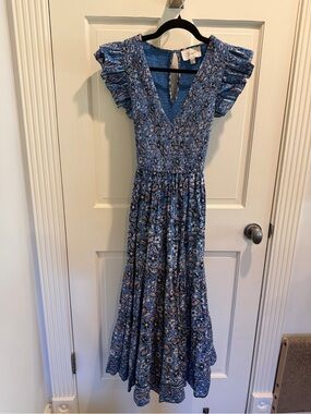 Cleobella - Autumn Blue Paisley Midi Dress with Ruffle Cap Sleeves